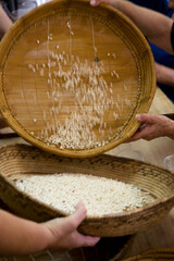 Bessude, making homemade gnocchi dough. Sassari, Sardinia. Italy lavorazione della pasta per gli gnocchetti.