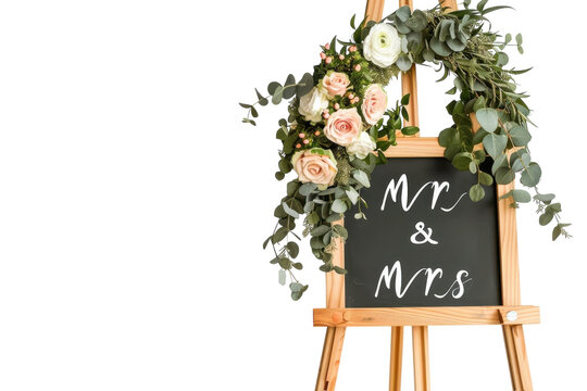 Charming wedding decoration featuring a floral-adorned sign announcing Mr and Mrs, set against a soft, elegant backdrop isolated on transparent background