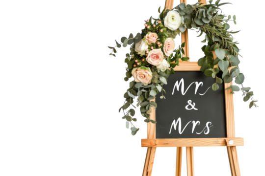 Charming wedding decoration featuring a floral-adorned sign announcing Mr and Mrs, set against a soft, elegant backdrop isolated on transparent background