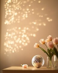 Soft light dances on wall, illuminating delicate tulips and crys