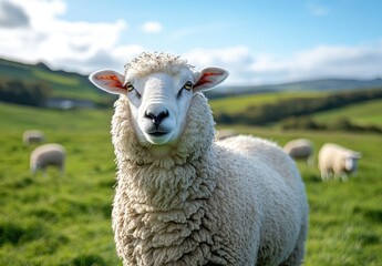 Fototapeta premium Close-Up of a Curious Sheep in a Green Pasture Under a Bright Blue Sky, Surrounded by Other Sheep Grazing in the Background