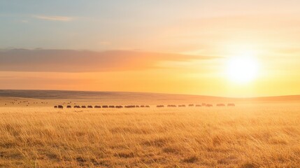 Fototapeta premium Golden sunrise illuminates vast grassland, highlighting silhouet