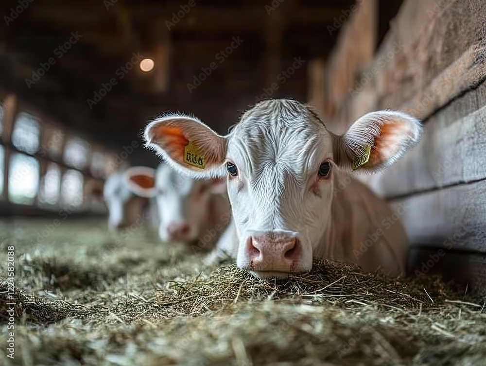 Poster close-up of a curious young calf resting in a barn surrounded by fresh hay with soft light creating 