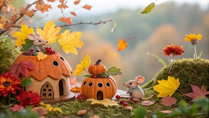 Cute Mice & Pumpkin Houses: Charming Autumn Bokeh Illustration