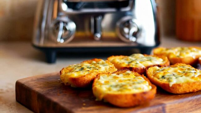 Freshly toasted bread is topped with melted cheese and herbs, creating a mouthwatering breakfast treat. The modern toaster sits elegantly in the background, enhancing the kitchen's charm.