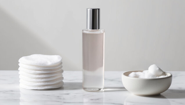 A stylish bottle of makeup remover surrounding with a stack of pristine white cotton pads and a small bowl filled with cotton on marble countertop.
