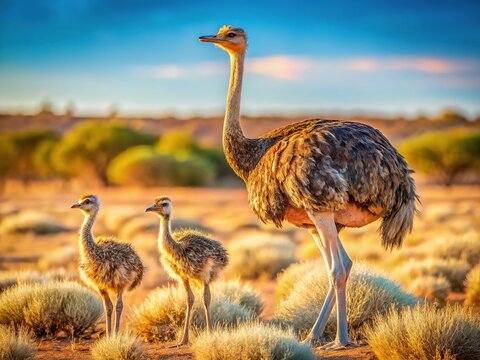 African Ostrich Couple and Chicks in Kalahari Park, South Africa