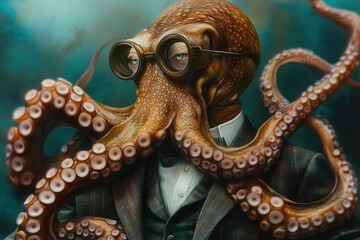 Obraz premium photorealistic digital painting of octopus wearing vintage three-piece suit, monocle, underwater office setting, surreal corporate atmosphere