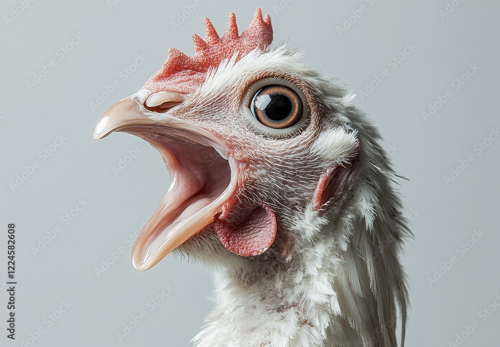 Poster close-up of a live chicken with open beak, showing detail on feathers and facial features in a studi