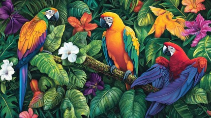 Fototapeta premium Vibrant Tropical Scene Featuring Colorful Parrots Amidst Lush Greenery and Exotic Flowers