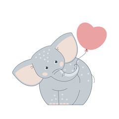 Cute baby elefant holds a balloon. Nice cartoon character isolated on a white. Funny little animal toy.