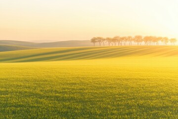 Fototapeta premium Golden fields stretch under warm sun, with trees lining horizon,