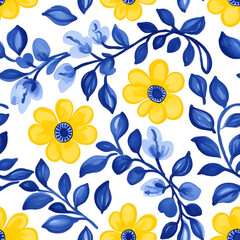Rustic blue and yellow tile watercolor seamless pattern. Pattern of azulejos tiles