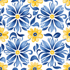 Fototapeta premium Rustic blue and yellow tile watercolor seamless pattern. Pattern of azulejos tiles