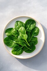 Fresh spinach leaves arranged elegantly on neutral plate, showca