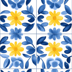 Obraz premium Rustic blue and yellow tile watercolor seamless pattern. Pattern of azulejos tiles