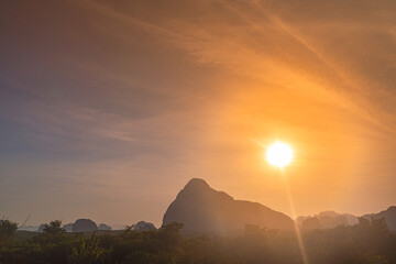 colorful sky at sunrise over Samet Nang Chee viewpoint..Amazing light of nature cloudscape sky...