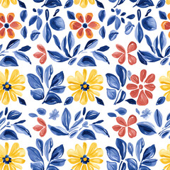 Fototapeta premium Rustic blue and yellow tile watercolor seamless pattern. Pattern of azulejos tiles