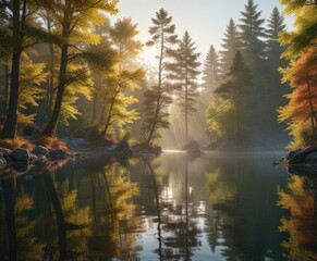 Fototapeta premium Muted sunlight filtering through trees on a serene lake, natural beauty, peaceful, soft light