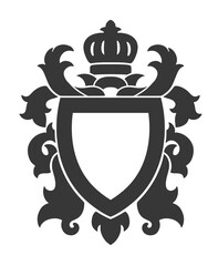 Black and white heraldic shield with floral ornament decoration and crown.