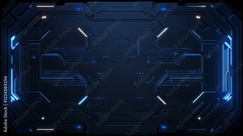 Poster high-tech business card background with intricate circuit patterns in glowing neon blue on a dark ba