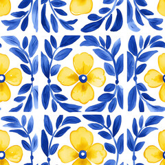 Rustic blue and yellow tile watercolor seamless pattern. Pattern of azulejos tiles