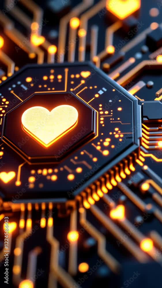 Poster glowing heartshaped circuitry progresses with ascending brightness across three frames