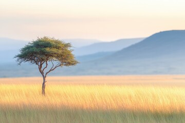 Obraz premium Lone tree stands tall in golden grasslands, framed by distant mo