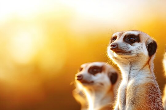 Two meerkats stand alert against warm, golden sunset, showcasing