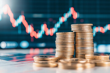 A stack of gold coins sits on a table next to a graph showing a downward trend