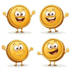 Fototapeta premium Four happy gold coin characters waving. Financial illustration