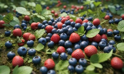 Mix of blueberries and strawberries in a wild berry patch, combination, multicolored, variety