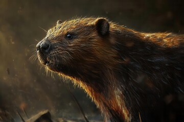 realistic portrait of alert beaver in natural wetland habitat, detailed fur texture, warm afternoon light reflecting off wet coat