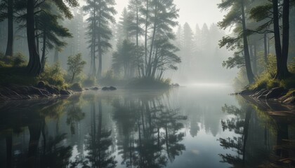 Obraz premium misty morning on a serene river with tall trees reflected in the water, serenity, nature, landscapes