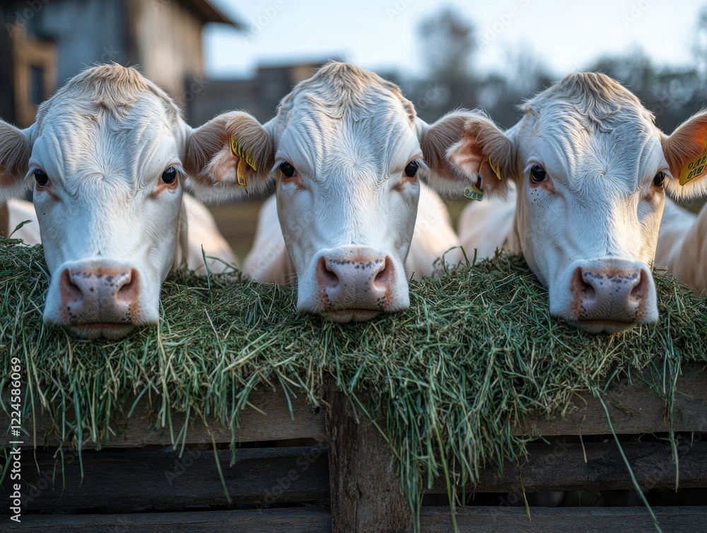 Poster close-up of three white cattle grazing on fresh green grass in a rustic farm setting with soft after