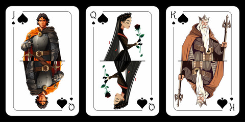Three spade cards in cartoon style, jack of spades, queen of spades, king of spades. Vector illustration