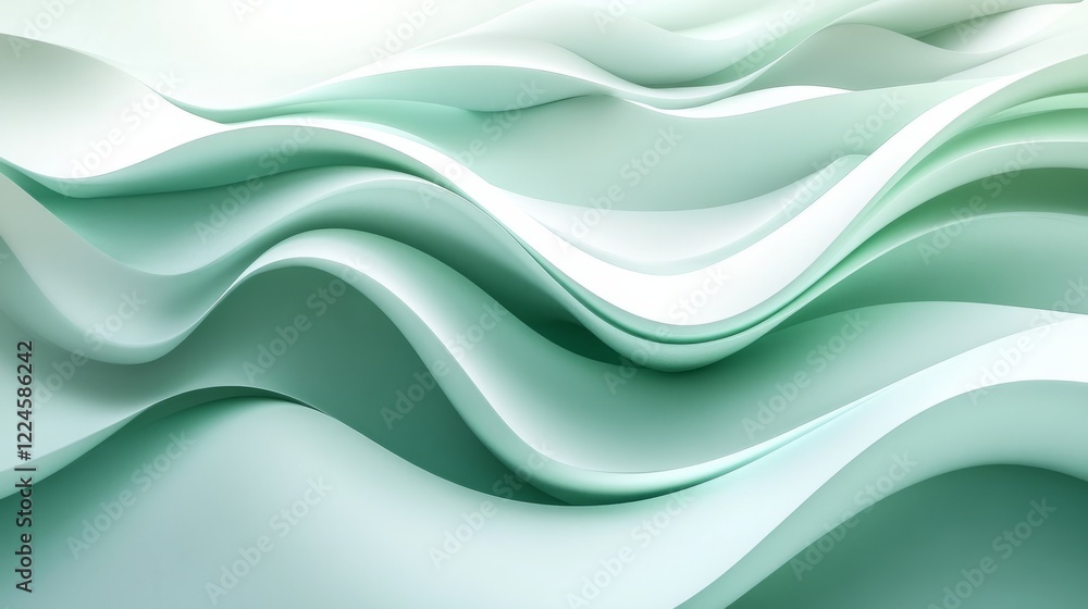 Poster minimalistic background with overlapping light green and white shapes creating a fresh and modern lo