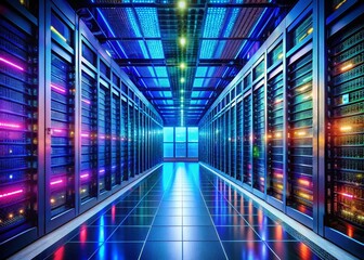 Obraz premium Data Center Corridor: Servers, Supercomputers & Internet Visualization Projection
