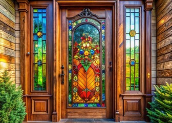 Obraz premium Colorful stained glass adorns a traditional wooden door, a candid shot of charming home architecture.