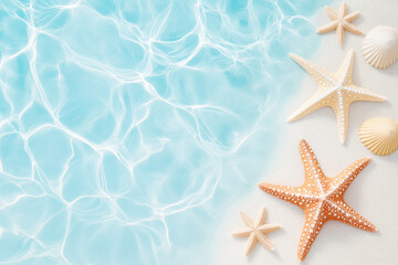 A beach scene with a blue ocean and a few starfish on the sand