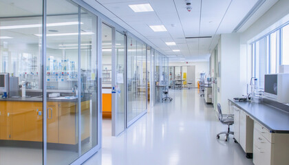 Modern medical laboratory corridor with glass walls and equipment