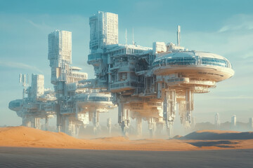 Massive floating futuristic city hovering above a desert landscape, blending technology and nature.