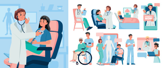 Hand drawn flat health services icon with illustration set collection