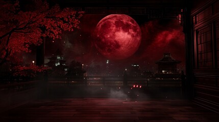 Crimson Moonlit Asian Cityscape Night View
