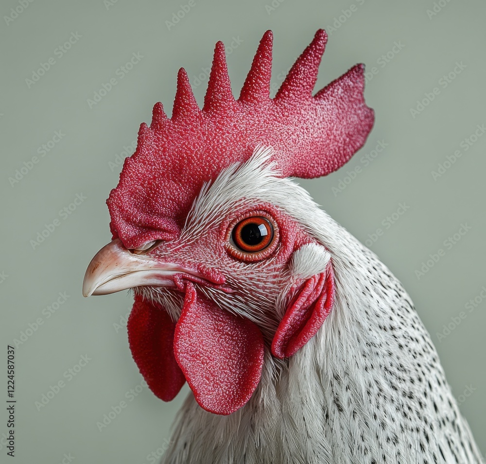Poster close-up portrait of a beautiful chicken with striking red comb and remarkable feathers against a so