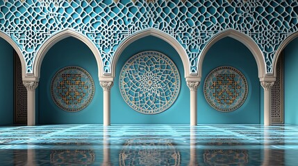 Arches with ornate patterns on a teal room