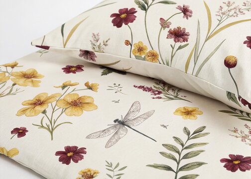 Delicate Burgundy & Yellow Floral Watercolor Pattern with Butterfly & Dragonfly