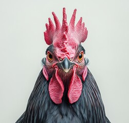 Close-up Portrait of a Majestic Black Rooster with Striking Red Comb and Bright Orange Eyes Set Against a Plain Background, Showcasing Bird Features and Details