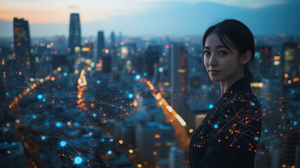 Abstract business woman stands on Smart digital Innovation city with connection network reciprocity over the twilight cityscape. of future wireless digital city and social media networking systems