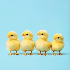 Four chicks, pastel blue background, farm animals, spring